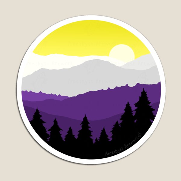 Aperçu de l'œuvre Drapeau de fierté non binaire subtil Paysage de montagne créée et vendue par AmethystArtwork.