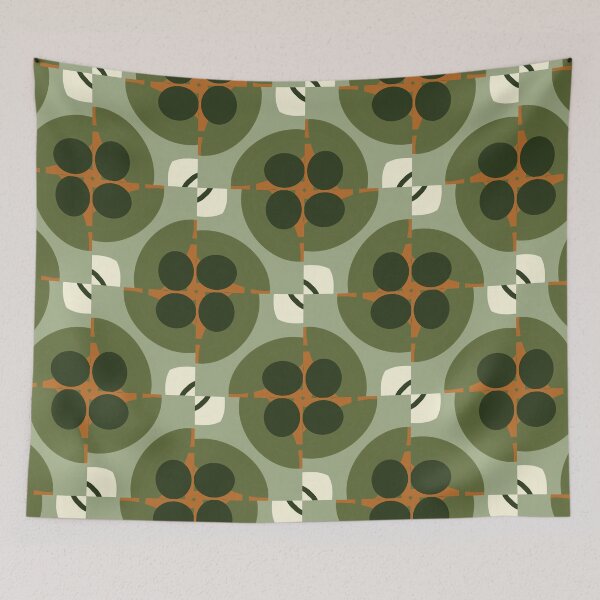 Artikelvorschau, Abstract Retro Vintage Design with Swirls, Stripes and Circles in Brown, Sage Green, Dark Green, Burnt Orange, and Ivory entworfen und verkauft von cozycaroline.