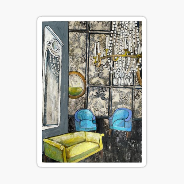 Vista previa del artículo con la obra «Interior elegante en amarillo y azul con una lámpara de araña», diseñado y vendido por Ursula Katrin Kranz.