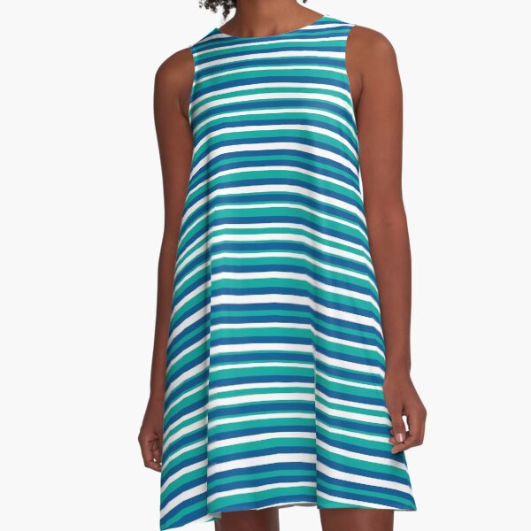Blue Teal and White Irregular Horizontal Stripe Pattern A-Line Dress