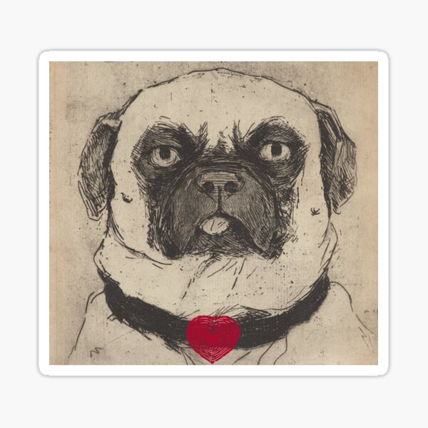 Pug Vintage artwork of a dog with cartoon heart collar Sticker