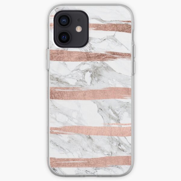 Modern chic faux rose gold brush stripes white marble iPhone Soft Case