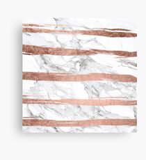 Modern chic faux rose gold brush stripes white marble Canvas Print