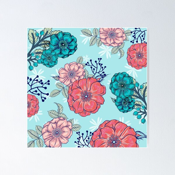 Item preview, Spring Garden Bloom - Flores azules, verde azulado, coral y rosa designed and sold by ABInspired.