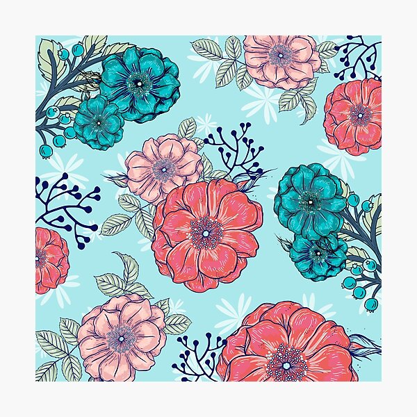 Artikelvorschau, Frühlingsgarten Bloom - Blaue, Blaugrüne, Koralle und Rosa Blumen entworfen und verkauft von ABInspired.