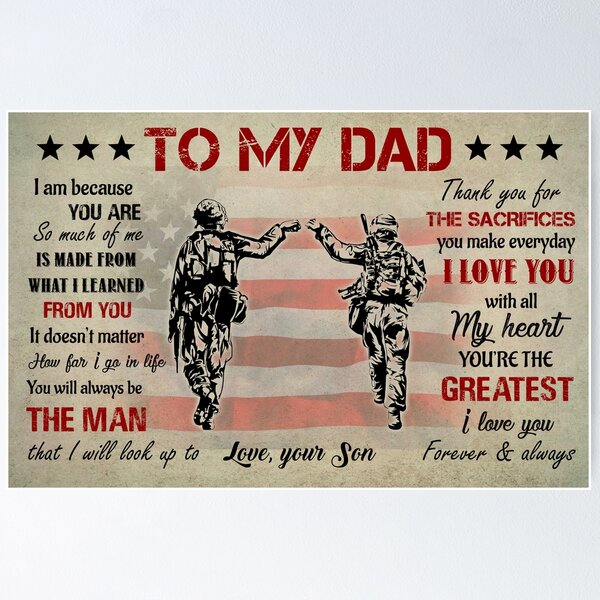 Artikelvorschau, Veteran Dad & Son Vintage Poster, Fist Bump, Greatest Dad, USA Flag, Patriotic Dad, Geschenk von Sohn zu Dad, Army Military, Fathers Day Gift entworfen und verkauft von MichaelDellera.