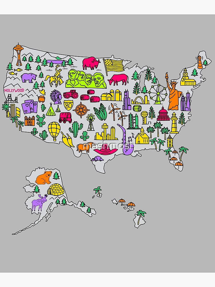 Colored Hand Drawn Doodle USA Map US Doodle Elements United State Map Cartoon Style Poster