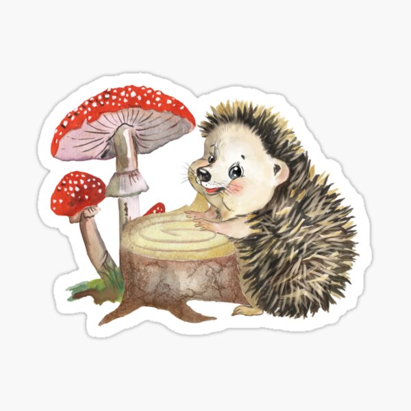 Watercolor depicting a cartoon hedgehog and mushrooms,bickers, forest Sticker