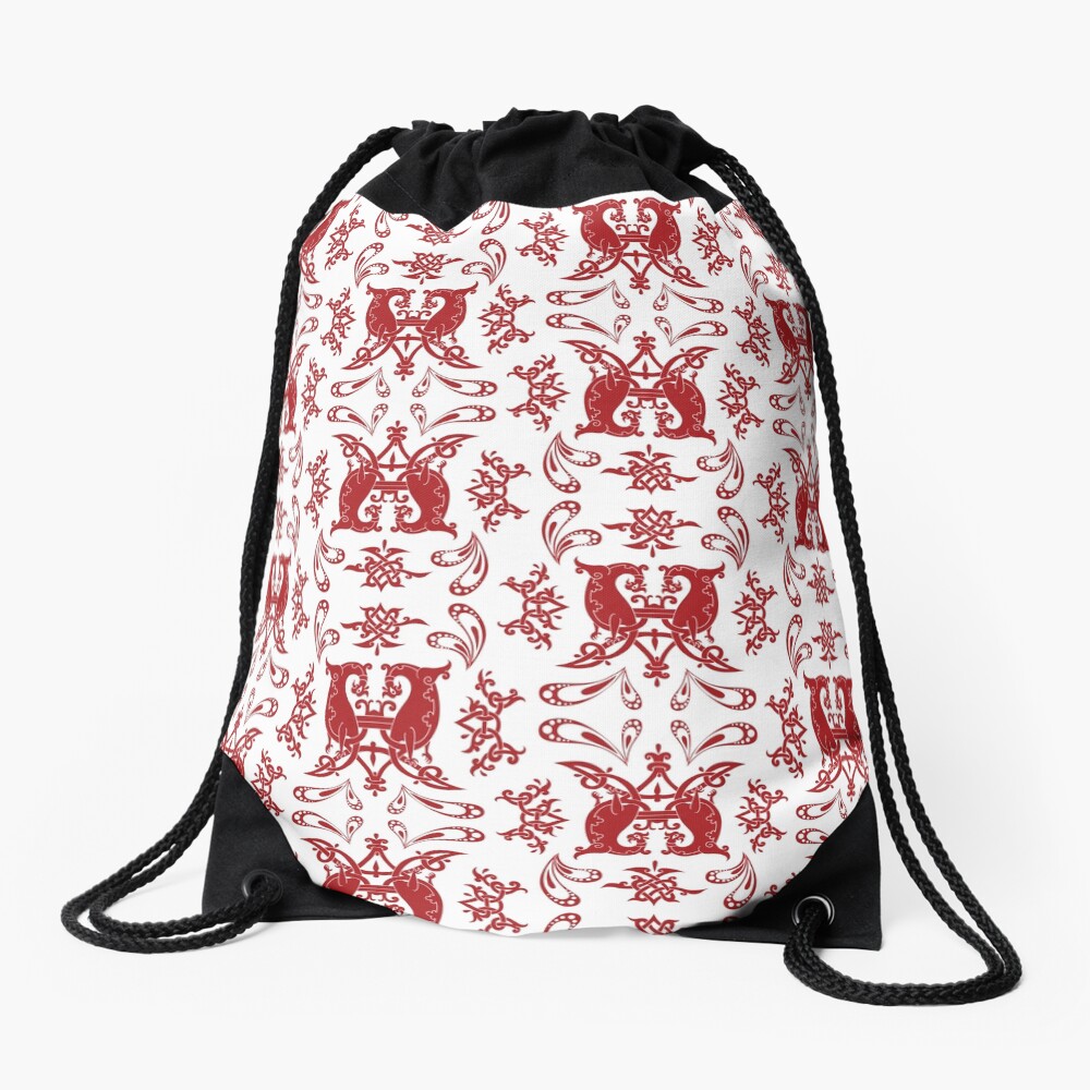 White + Red Slavic Patterns Drawstring Bag