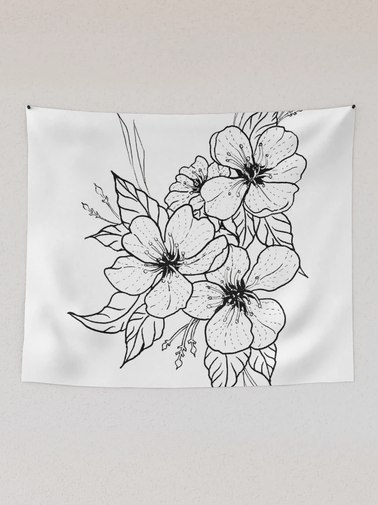Three Flowers , Pen and Ink linework modern black and white tattoo style |  Tapestry