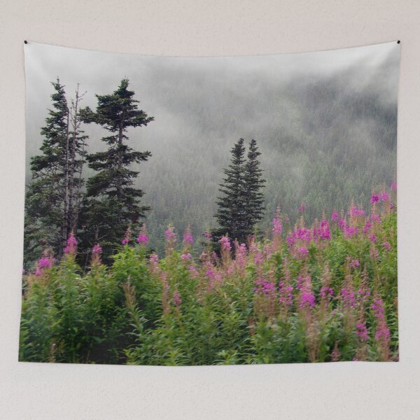 Item preview, Alaska Pines and Wildflowers Art Print. Tongass National Forest, Alaska Wilderness, Skagway, Scenic Mountain View, designed and sold by KarenZuk.