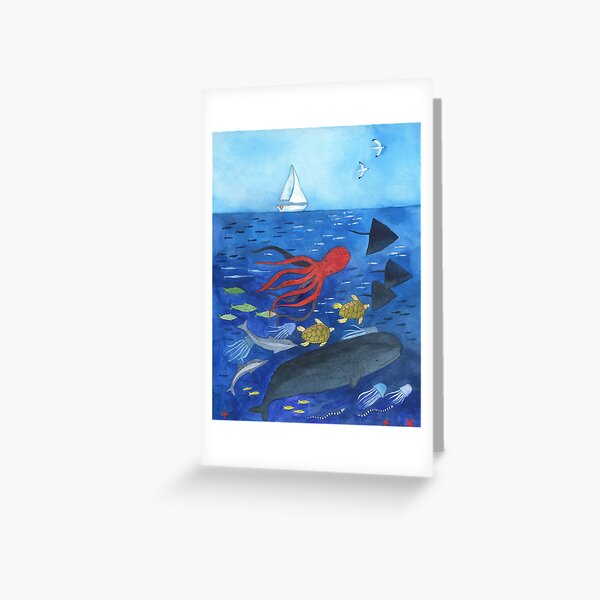 Item preview, Underwater world watercolor work octopus whale turtle jellyfish sailboat designed and sold by Oksana Tarasova.