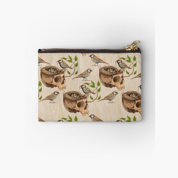 Item preview, black and white illustration of birds making a nest in animal skull designed and sold by Nadiiaz.