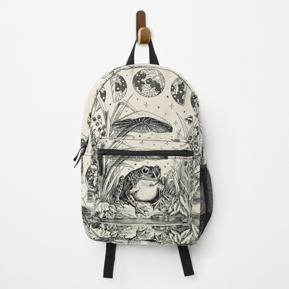 Cute Cottagecore Aesthetic Frog Mushroom Moon Witchy Vintage - Dark Academia Goblincore Witchcraft Froggy - Emo Grunge Nature Fantasy - Fairycore Toad Toadstool Pond  Backpack