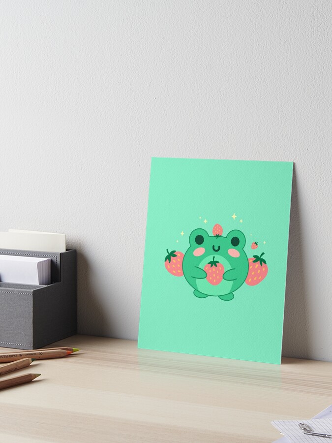 Green Strawberry Kawaii Frog with Pink Aesthetic Hat Digital Art