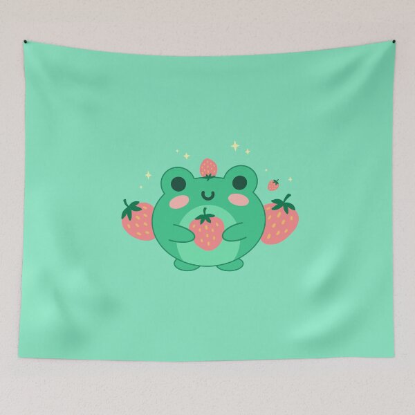 Item preview, Cute Kawaii Frog in Strawberry Hat: Chubby Anime Toad Retro Japanese Aesthetics and Edgy Kidcore Art in 90s Neon Green designed and sold by MinistryOfFrogs.