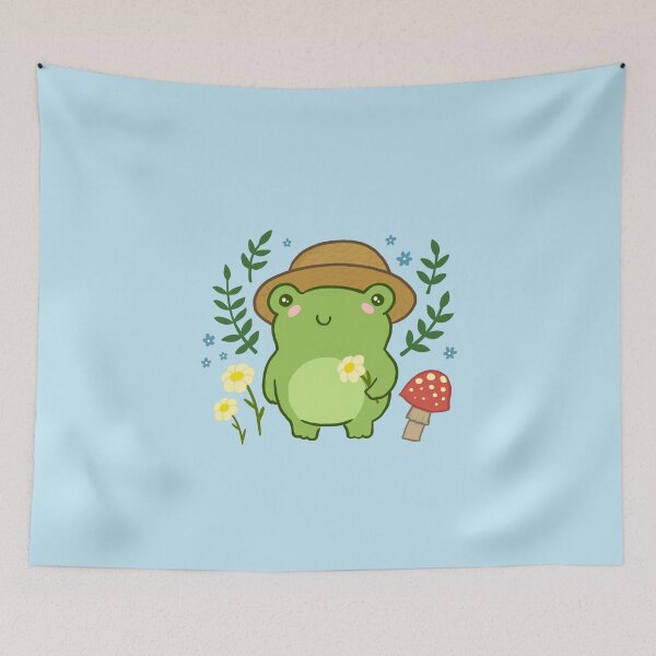 Item preview, Kawaii Aesthetic Green Frog with Gardener Hat: Funny Cottagecore Froggy, Nature Illustration with Mushroom Flower Blossoms designed and sold by MinistryOfFrogs.