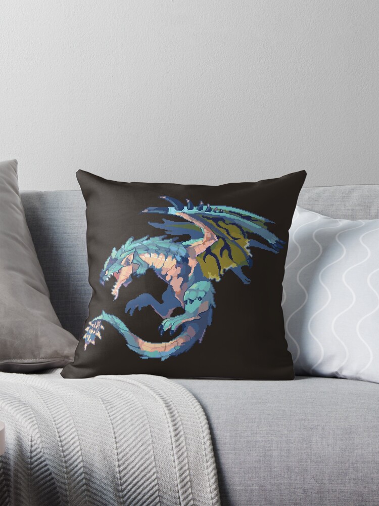 Thumbnail 1 of 4, Pillow, Huntable blue dragon monster designed and sold by paperfinch.