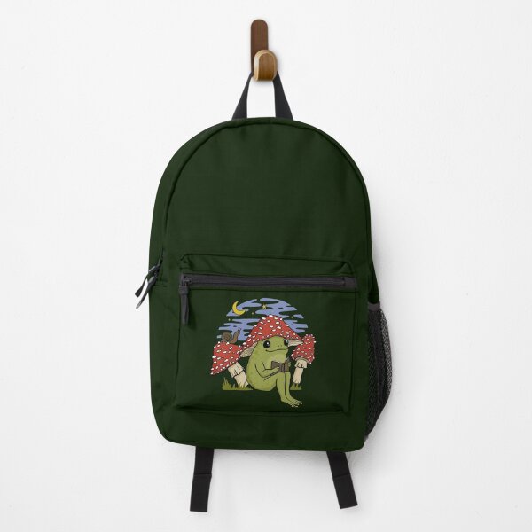 Cute Frog Mushroom Hat Reading Book. Goblincore Toad Bookworm Snail and Toadstool. Happy Cottagecore Froge Under Night Sky Backpack