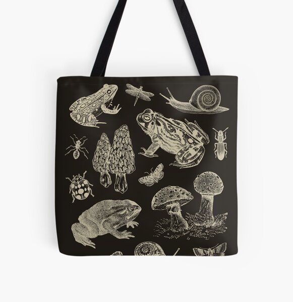Goblincore Vintage Biology: Nature Lover's Collection of Frog, Mushroom, Snail, and Moth Insects for Science and Natural History Fan All Over Print Tote Bag