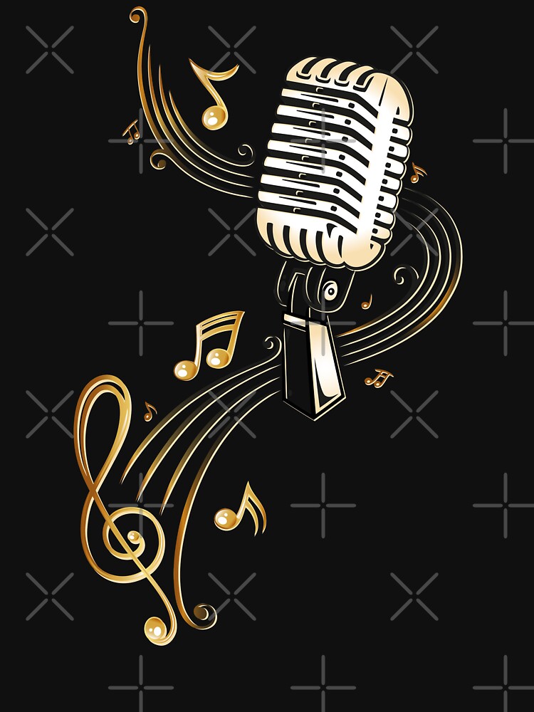Microphone Shirt With Music Notes And Clef. Musician. Gold. Microphone Shirt With Music Notes And Clef. Musician. Gold.