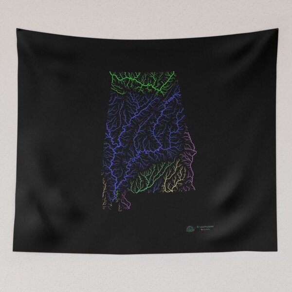 Item preview, Alabama River Basin Map in Rainbow Colours with Black Background designed and sold by GrasshopperGeo.