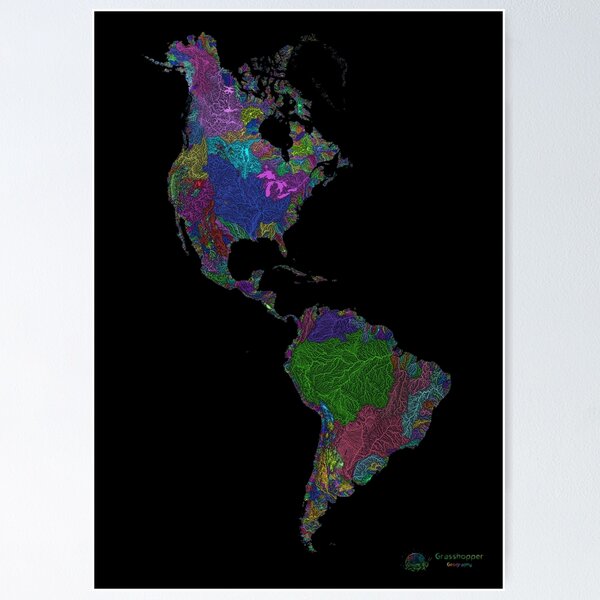 Item preview, The Americas River Basin Map in Rainbow Colours with Black Background designed and sold by GrasshopperGeo.
