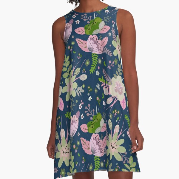 Flowers in Navy and Pink A-Line Dress