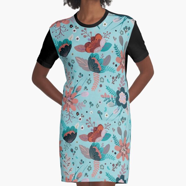 Turquoise Blue and Burgundy Flowers Graphic T-Shirt Dress