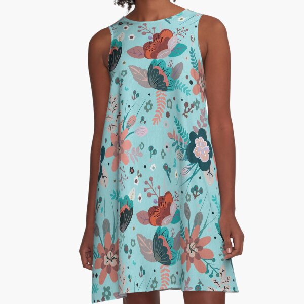 Turquoise Blue and Burgundy Flowers A-Line Dress