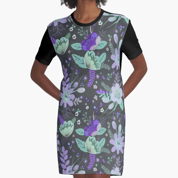 Purple and Mint Flowers on Gray Background Graphic T-Shirt Dress