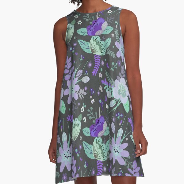 Purple and Mint Flowers on Gray Background A-Line Dress