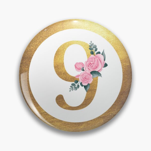 Item preview, Number 9 Nine Monogram Elegant Feminine Pink Floral & Gold Round Circle designed and sold by CyanSkyDesign.