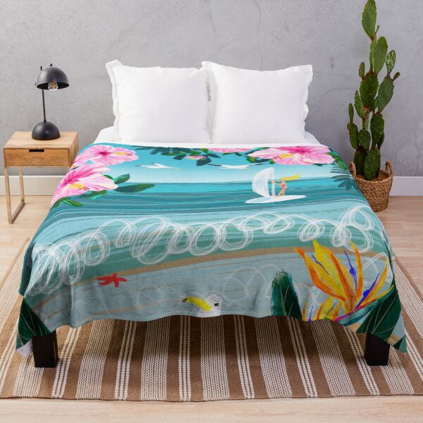Item preview, Tropical beach, wind surf, seagulls and pink hibiscus flowers designed and sold by orangerinka.