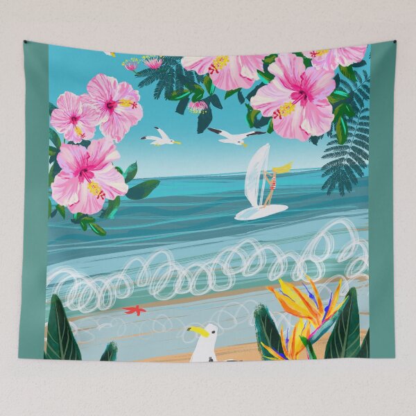 Item preview, Tropical beach, wind surf, seagulls and pink hibiscus flowers designed and sold by orangerinka.