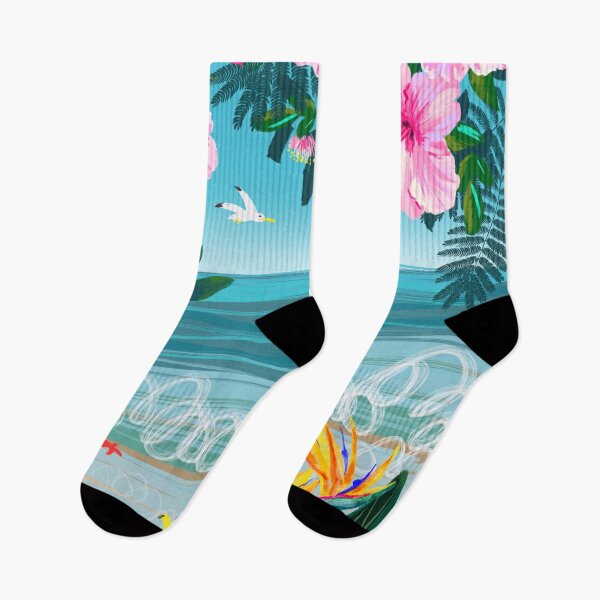 Item preview, Tropical beach, wind surf, seagulls and pink hibiscus flowers designed and sold by orangerinka.