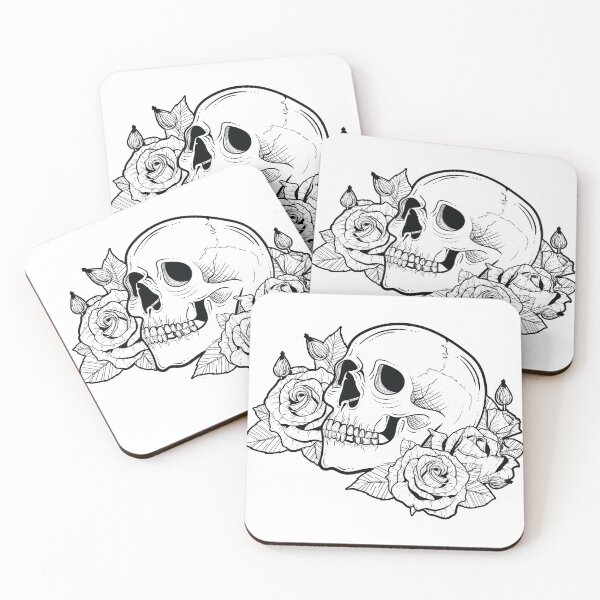 Item preview, Black Line art Skull and Roses designed and sold by Grimble Scribbs.