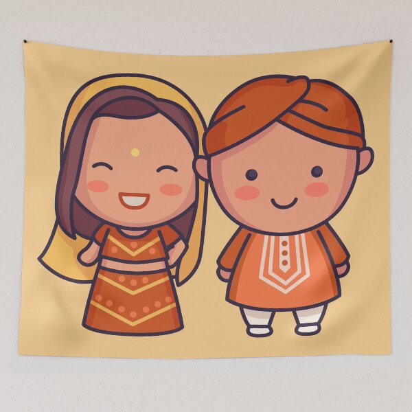 Item preview, Cute Indian Bride & Groom in Traditional Clothing Cartoon designed and sold by SLAG-Creative.