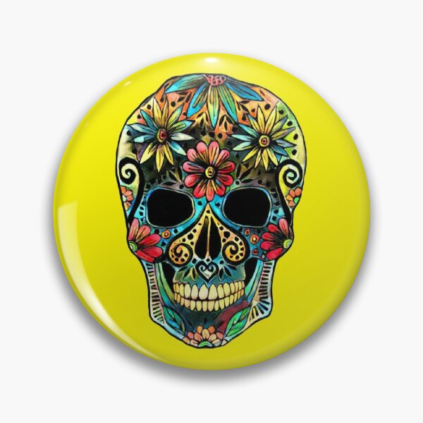 Item preview, Sugar Skull with flowers on a yellow background designed and sold by Pear Tree Studio.