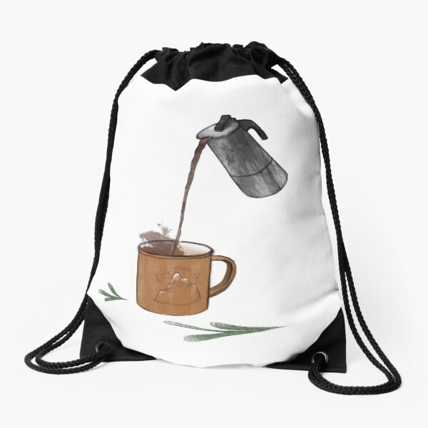 Aperçu de l'œuvre cafetière avec tasse de montagne et feuilles créée et vendue par rudakropka.