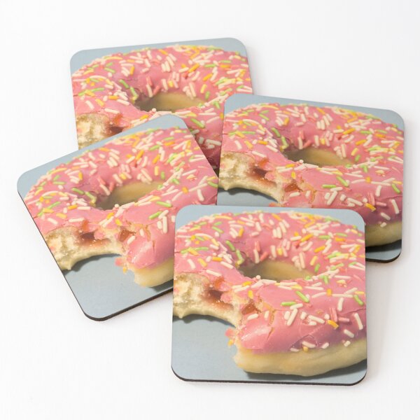 Item preview, Pink sweet doughnut or donut with colored sprinkles on a blue background. Bitten off American bagel. designed and sold by Tae Mi.