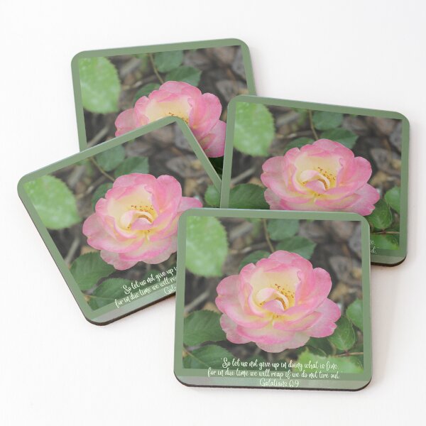 Item preview, Pink and Yellow Rose on Green Background Scripture Quote Galatians 6:9 designed and sold by Janna Perry Designs.