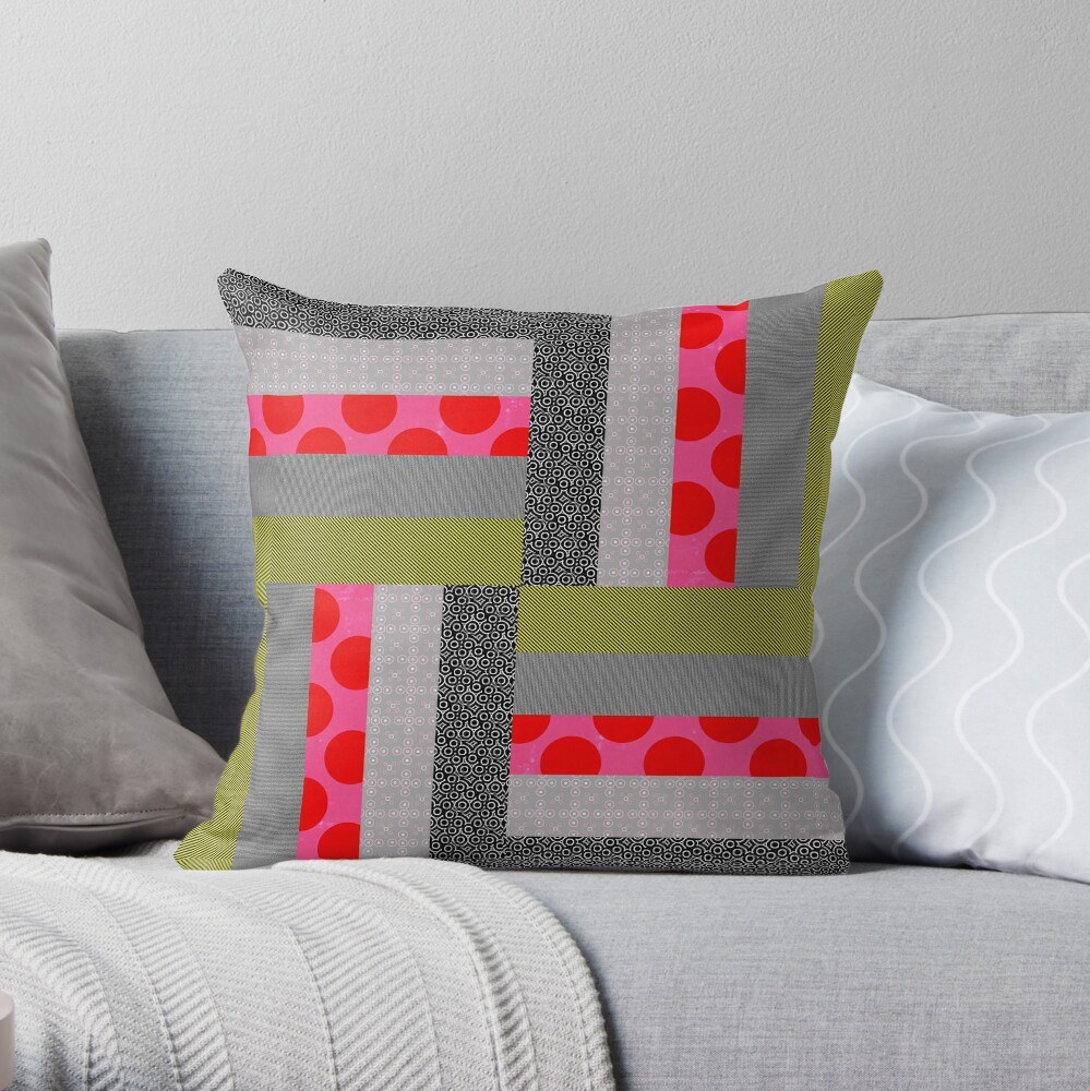 Neon Patterns Log Cabin Quilt Square Throw Pillow By