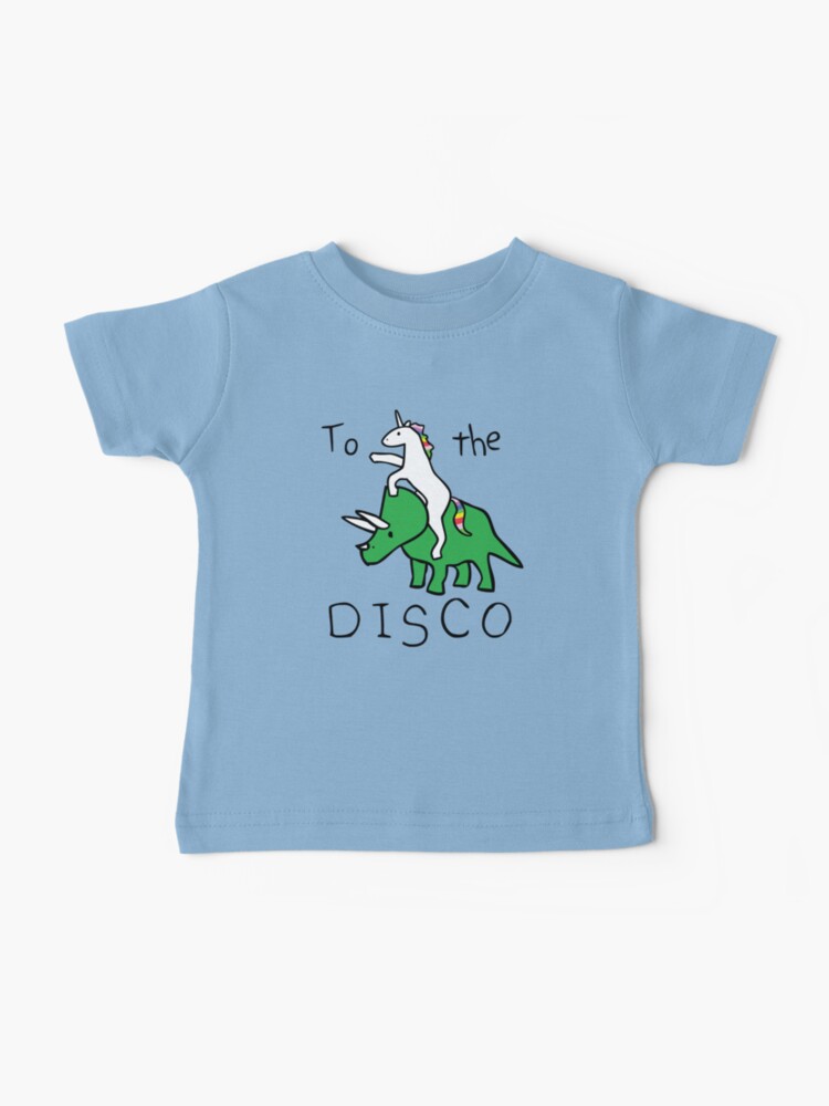 Thumbnail 1 of 2, Baby T-Shirt, To The Disco (Unicorn Riding Triceratops) designed and sold by jezkemp.