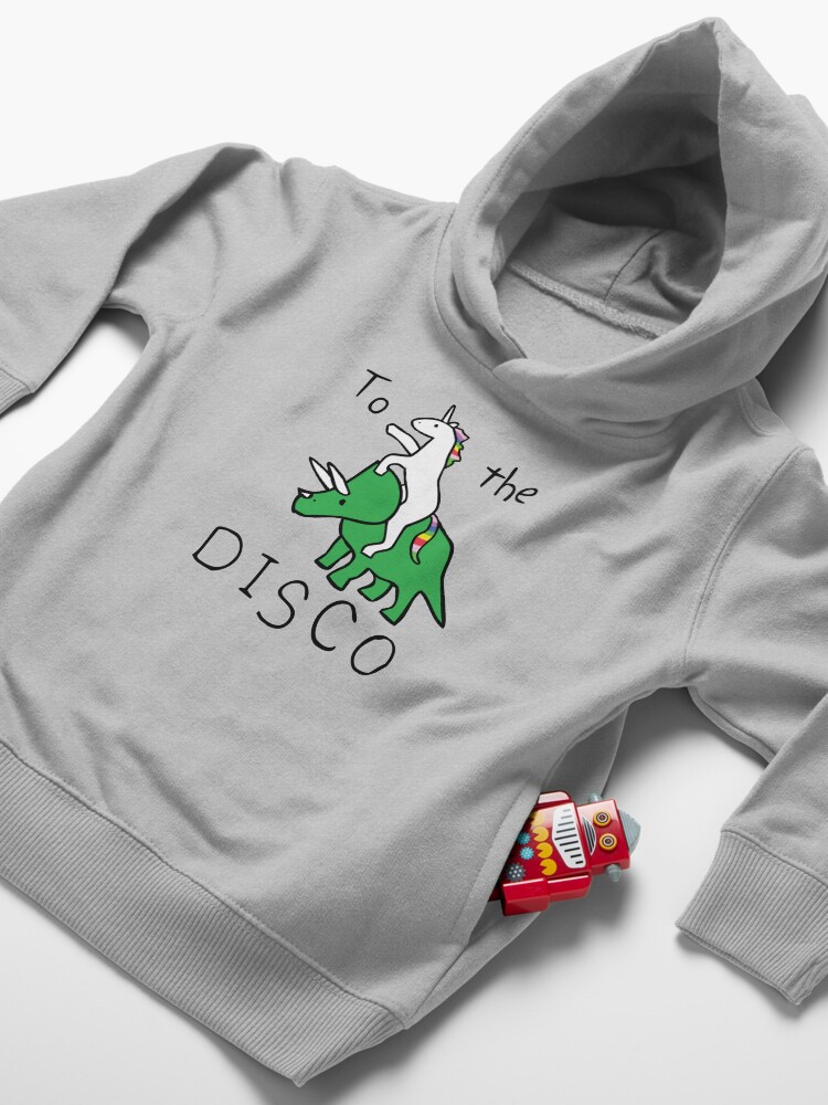Thumbnail 4 of 5, Toddler Pullover Hoodie, To The Disco (Unicorn Riding Triceratops) designed and sold by jezkemp.