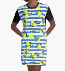 Aquarell Zitronen auf gestreiftem Hintergrund T-Shirt Kleid