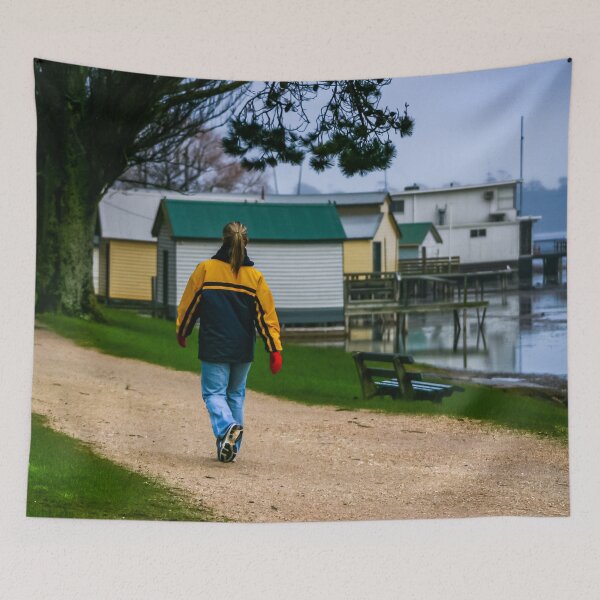 Item preview, Lady walking along gravel track around Lake Wendouree, Ballarat on a cold misty morning designed and sold by James-Cole.