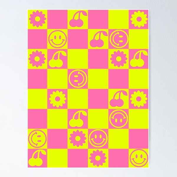 Smiley Flower Face on Pastel Warped Checkerboard Poster by Cocoon Design