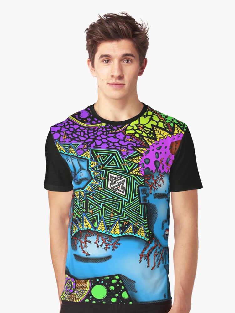 Graphic T-Shirt, PSYCHEDELIC TRIPPY HORROR VACUI MAN MUSCULAR FLEXING STRENGTH VIGOR FORCE - full colour designed and sold by Aloys Bahos