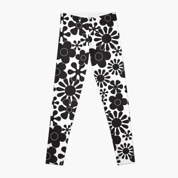Retro Hippie Flowers Black and White Pattern Leggings